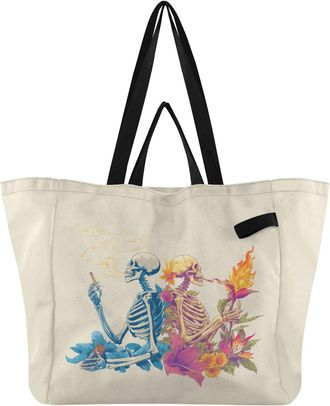 Generic Skeletons Flower Beige pattern Reusable Canvas Tote Bag, Heavy Duty Grocery Shopping Bag with Hard Bottom Large Capacity Double Handles Work Groceries