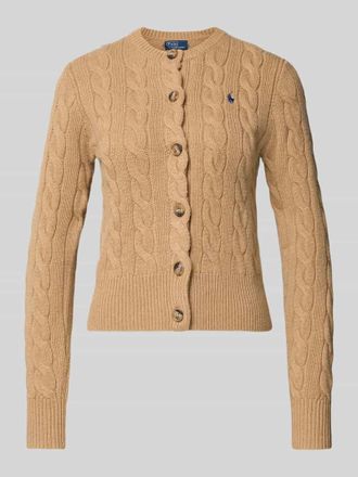 Polo Ralph Lauren Strickjacke aus Wolle-Kaschmir-Mix mit Zopfmuster in Camel, Größe XXL