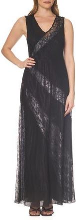 Komarov Lace Inset Chiffon & Charmeuse Gown in Black/True Steel at Nordstrom Rack, Size Medium