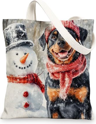Generic Winter Christmas Rottweilers Dog Canvas Tote Bag for Shopping 13x15, Snowman Xmas Puppy Pet Reusable Grocery Print Bag for Women Men, Holiday Aestheti