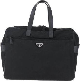 Prada Convertible Front Zip Briefcase Tessuto With Saffiano Leather Black Nylon Briefcase Bag (Pre-Owned)