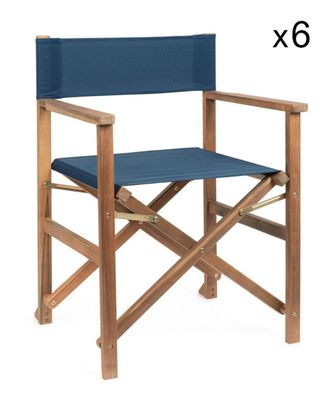 Konte Design Lote de 6 sillas de director madera acacia y poli&eacute;ster azul, plegables