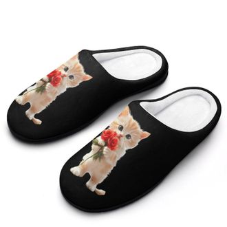 Generic Cute Cat Holding Rose Funny Mens Slippers Cotton Warm House Shoes Memory Foam Sandals Print Size 7-14