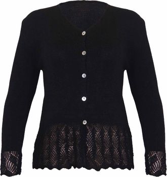 Purple Hanger Womens Long Sleeve Ladies Front Button Knitted Sweater V Shaped Neck Scallop Crochet Cardigan Top Plus Size Black Size 14-16 (S/M)