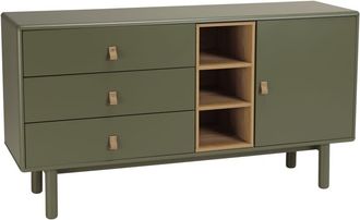 Macabane Aparador verde con 1 puerta, 3 cajones y 3 huecos de madera natural