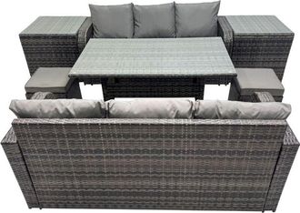 Fimous 8 Seat Outdoor Wicker pe Rattan Garden Furniture Set Dining Table Sofa Set with 2 Small Stool 2 Side Tables Dark Grey Mixed - Fimous