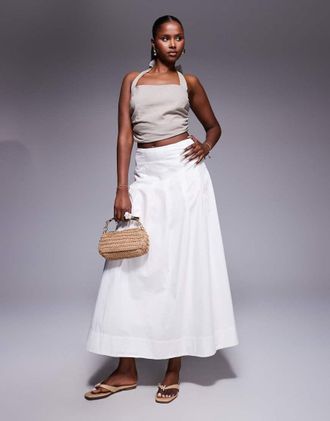 River Island Gonna midi svasata in popeline bianca-Bianco