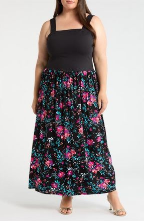 Loveappella Floral Sleeveless Maxi Dress in Black/Fucshia at Nordstrom, Size 3X