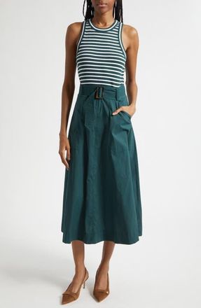 Veronica Beard Jordyn Mixed Media Stretch Cotton Midi Dress in Pine/white at Nordstrom, Size X-Small