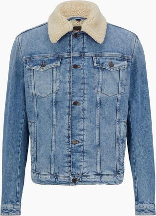 HUGO BOSS Mens Livorno Solid Patterned Denim Jacket with Chest Pocket - Blue - Size: 38/Regular