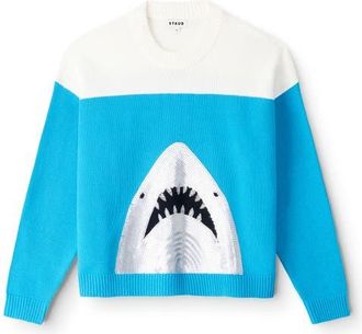Staud Reya Sequin Shark Cotton Blend Sweater in Great White at Nordstrom, Size X-Small