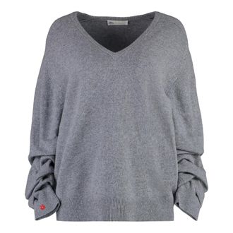 Tory Burch Tory Burch, V-neck Knitwear, female, Gray, Size: M Ribbed V-Neck Wool Sweater