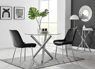 Furniturebox Selina Round Glass Chrome Leg Dining Table & Pesaro Silver Leg Chairs in Black | Size: 4 Person