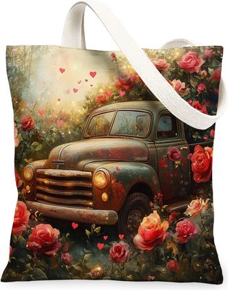 Generic Vintage Floral Canvas Tote Bags, Rustic Rose Print Reusable Grocery Bags, Summer Bohemian Lightweight Washable Shoulder Strap Canvas for Outdoor Trave