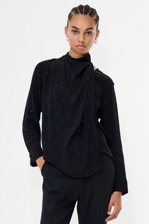 French Connection Womens Black Draped Diamante High Neck Long Sleeve Blouse - Size X-Large