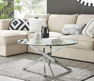 Furniturebox Novara Round Glass Coffee Table with Angled Starburst Metal Legs for Modern Glam Minimalist Living Room in Silver