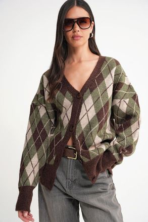 Mixray Oversized Argyle V-hals Knopen Cardigan