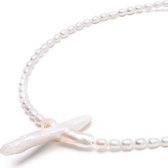 Nialaya Pearl Cross Choker Necklace in White at Nordstrom