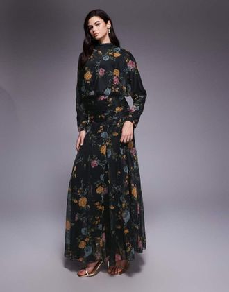 Asos Vestito lungo godet in chiffon nero trasparente a fiori con pannello in vita-Multicolore