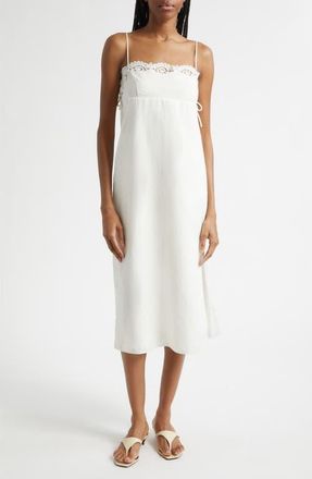 Poss&eacute; Darya Broderie Trim Side Tie Midi Dress in Cream at Nordstrom, Size Xx-Small