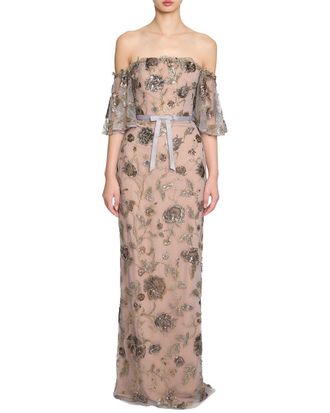 Marchesa Off The Shoulder Beaded Illusion Column Dress