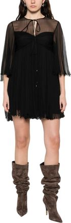 Chlo&eacute; Black Pleated Round Neck Mini Dress