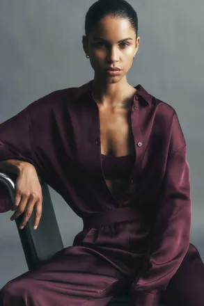 Alo | Satin Smooth Talker Button Up Top in Rich Bordeaux, Size: Medium