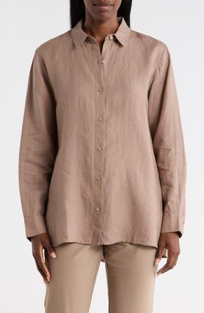 Eileen Fisher Classic Collar Organic Linen Button-Up Shirt in Cocoa at Nordstrom Rack, Size Xx-Small