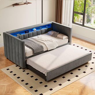 Direct Wicker Multifunctional Pull-out Sofa Bed with USB-Type-C port, LED lighting in Dark Grey | Size: Single