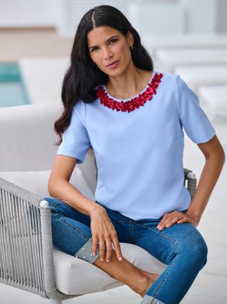 Heine Kurzarmbluse HEINE, Damen, Gr. 34, eisblau, 93% Polyester, 7% Elasthan, unifarben, Rundhals, Blusen Kurzarmbluse