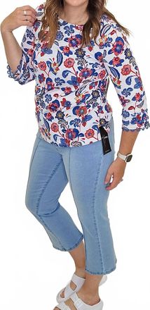 Multiples Lace Three Quarter Sleeve Top In Red & Blue