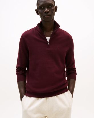 Tommy Hilfiger Mens Essential Cotton 1/4 Zip Sweatshirt in Dark Red - Size X-Large