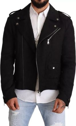 Dolce & Gabbana Black Brocade Full Zip Biker Coat Mens Jacket (Pre-Owned)