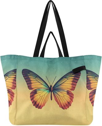 Generic Butterfly Star Sky Teal print Reusable Canvas Tote Bag, Heavy Duty Grocery Shopping Bag with Large Capacity Double Handles Hard Bottom Work Groceries 