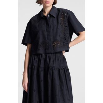 A.L.C. Jade Eyelet Boxy Crop Shirt in Black at Nordstrom Rack, Size X-Large