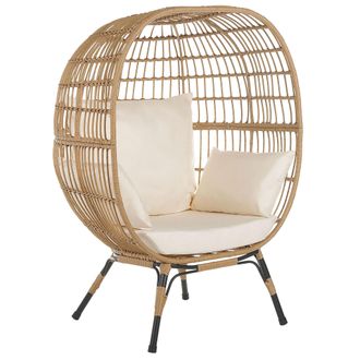 Beliani Silla Cesta De Rat&aacute;n Color Natural Patas Hierro Negro Cojines Beige Respaldo Alto Boho Jard&iacute;n Terraza Sala De Estar Veroli