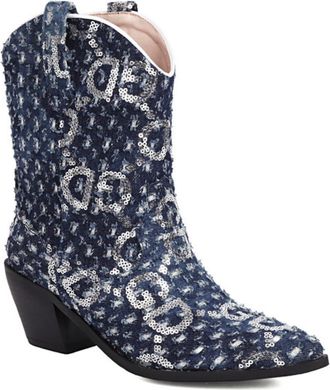 Generic Womens Sequin Denim Western Ankle Boots Pointed Toe Mid Block Heels Soft Upper Cushioned Insole Comfortable Non Slip Wear Resistant Party Evening Dres