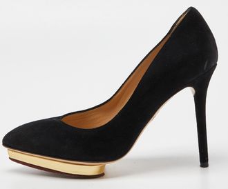 Charlotte Olympia Black Suede Dotty Platform Pumps