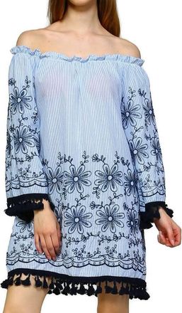 Velzera Embroidered Off The Shoulder Tassel Dress In Blue