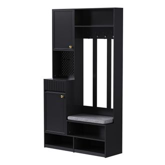 Urban Meuble Mueble de entrada negro con banco, almacenaje y ganchos - 180 cm
