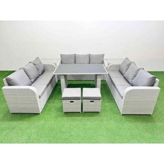 Fimous Patio Garden Furniture Sets with Black Glass Top Dining Table 3 Seater Sofa 2 Side Tables 2 Small Stool Light Grey - Fimous