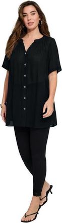 Roaman's Plus Size Angelina Crinkle Crepe Y-Neck Short Sleeve Tunic in Black at Nordstrom, Size 24