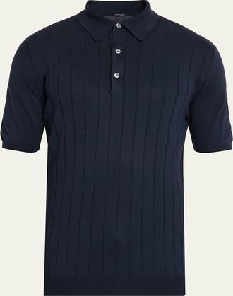 Kiton Mens Wide Rib Sea Island Cotton Polo Sweater