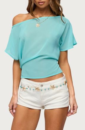 Edikted Noria One-Shoulder Sheer Chiffon Top in Turquoise at Nordstrom, Size X-Large