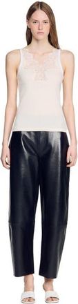 Sandro Ribbed vest top with lace in Ecru at Nordstrom, Size X-Small