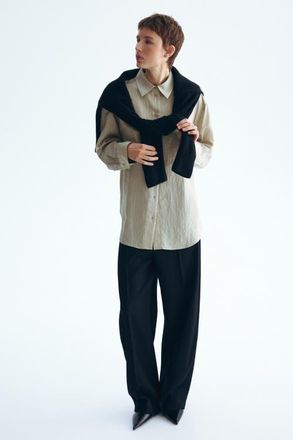 H&M Oversized Shirt in Khaki Beige/pinstriped at Nordstrom, Size Xx-Small