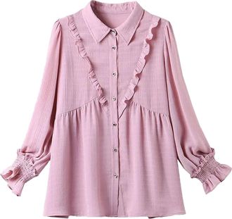 Generic Womens Spring Loose Button Down Shirts for Women Ruffle Spliced Long Sleeve Office Work Blouses Tops