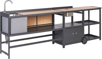 Beliani Conjunto de cocina exterior de 3 piezas armario de aluminio isla de cocina fregadero cubitera carrito de jardín madera clara Ortisei