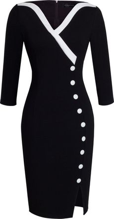 Homeyee Womens Elegant V-Neck Big Button Hem Split Slim Bodycon Casual Vintage Dress B335 (UK 14 = Size XL, Black)