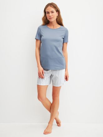 CALIDA Shorty CALIDA Striped Dreams, Damen, Gr. XS (36/38), aura blau, Interlock, Obermaterial: 100% Baumwolle, Basic kurz, Rundhals, Homewear-Sets Shorty, w